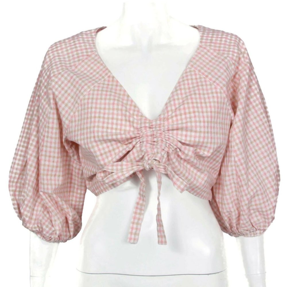 Chriselle x JOA Womens Cinched Puff Sleeve Gingham Crop Top Pink Size Large /736